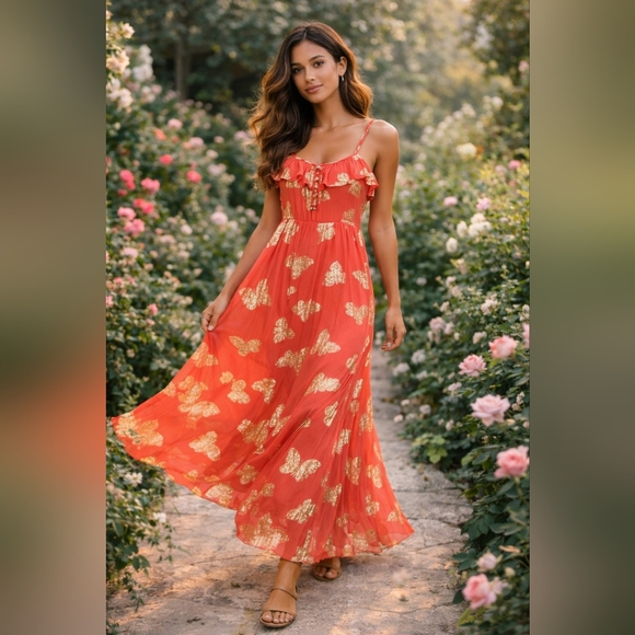 Juicy Couture Dresses & Skirts - Juicy Couture Silk Blend Coral Gold Metallic Butterfly Maxi Dress
